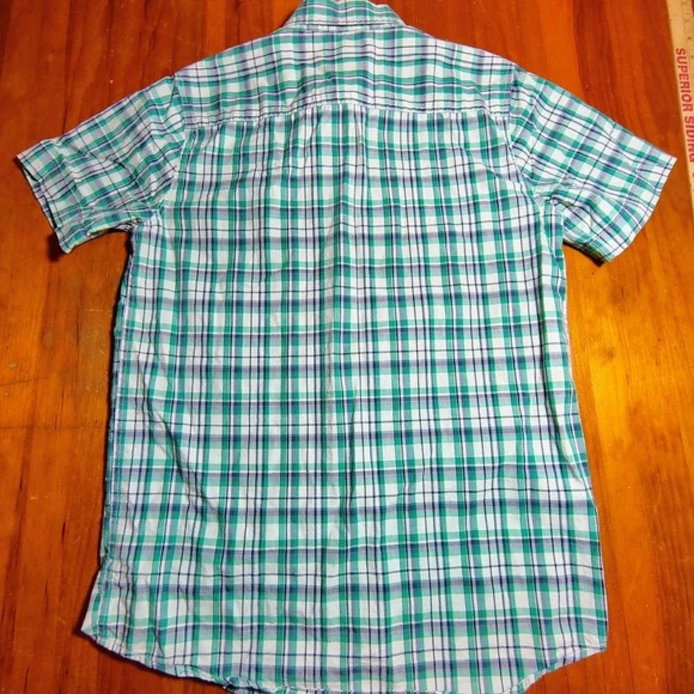 GapKids Boys XXL Short Sleeve‎ Button Up Plaid Shirt Green White Casual